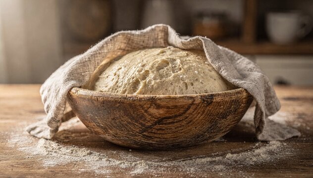 Rustic homemade bread dough proof in a wooden bowl with a linen cloth, resting on a floured wooden table, ready for bake, evoke comfort and tradition