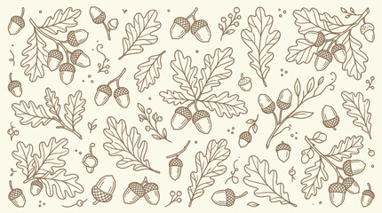 Hand-drawn illustration of oak leaves and acorns scattered across a textured background, evoking autumn. © Bara
