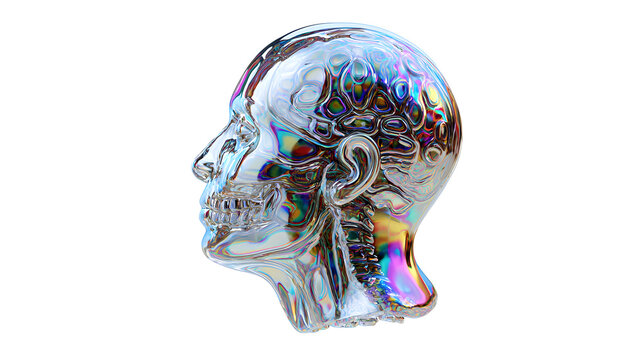 Holographic human head with visible brain and skull shiny iridescent surface 3d rendering technology concept