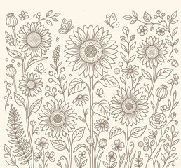 Fototapeta premium A charming hand-drawn illustration of sunflowers and various wildflowers with butterflies fluttering around.