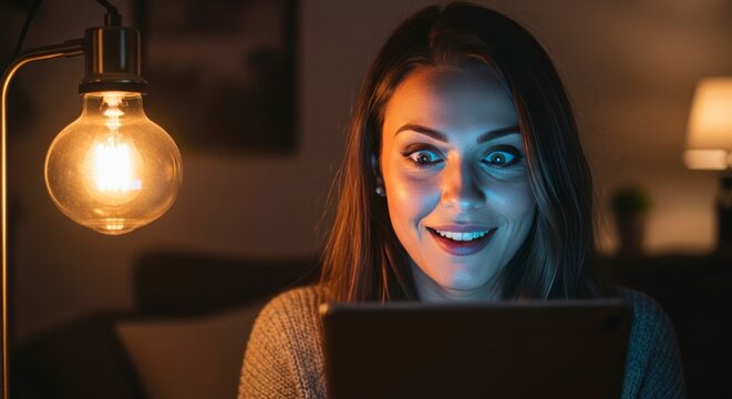 Femme utilisant une tablette dans une lumi&egrave;re tamis&eacute;e, l'air surpris.