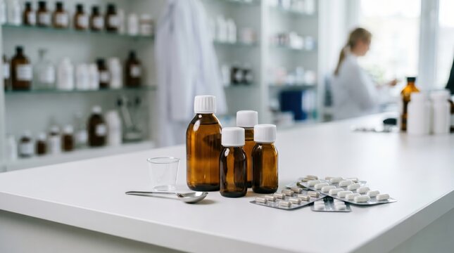 Amber medicine bottles and tablets on pharmacy prep counter