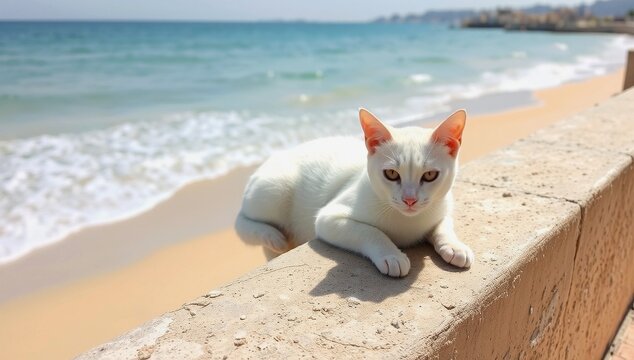 A Curious White Cat With Orange Ears Sitting On A Sandy Beach Coastal Wall Looking At The Camera With The Ocean In The Background Cat White cat