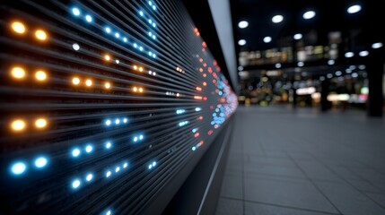Obraz premium Close up view of an illuminated digital status panel featuring streaks of colored lights in a modern transit environment
