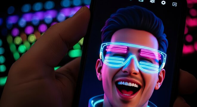 Portrait n&eacute;on d'une personne affich&eacute; sur l'&eacute;cran d'un t&eacute;l&eacute;phone intelligent