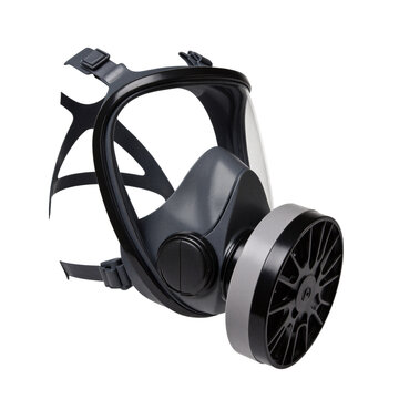 Gas mask respirator safety equipment with a full face shield and adjustable straps on a transparent background