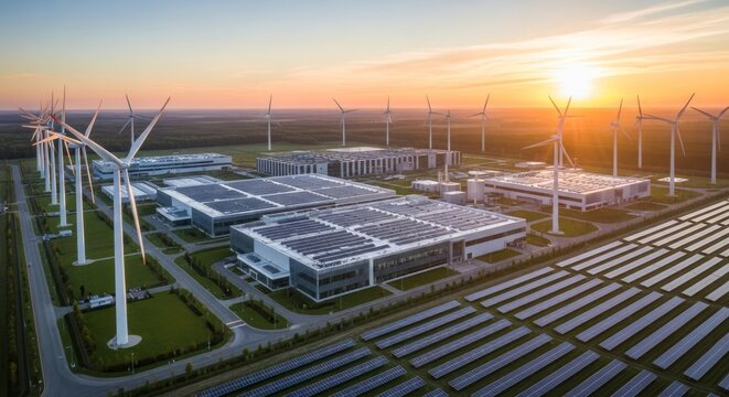 Complexe &eacute;nerg&eacute;tique durable moderne avec &eacute;oliennes et panneaux solaires au coucher du soleil