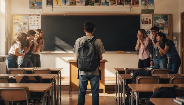 Concerned Teenage Student Stands Alone, Facing Peers Who React with Shock and Surprise in a School Classroom Setting, Highlighting Social Dynamics and Peer Interaction