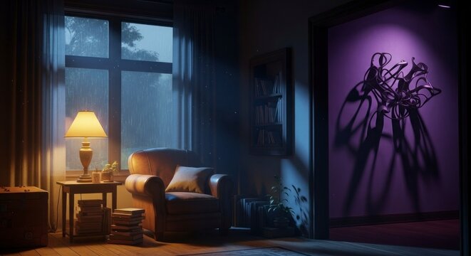 Sc&egrave;ne int&eacute;rieure chaleureuse avec lampe de fauteuil et art abstrait dans un &eacute;clairage d'ambiance