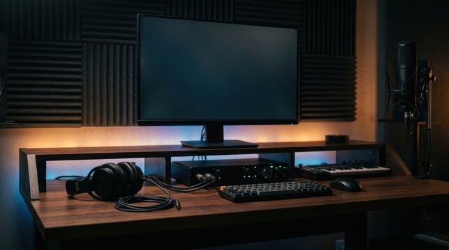 Computer workstation with audio gear in home studio