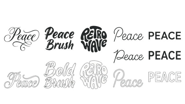 peace word artistic typography set in 5 different font styles vector collection on transparent background