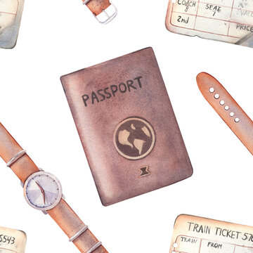 Passport, vintage train ticket, wristwatch seamless pattern. Hand-painted watercolor illustration isolated on white for travel themes, branding, design, websites, printing on textile, packaging
