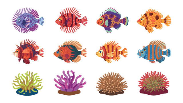 Aquatic Paradise: A vibrant array of diverse, beautifully illustrated fish and coral, each teeming with intricate details, bringing the underwater world to life.