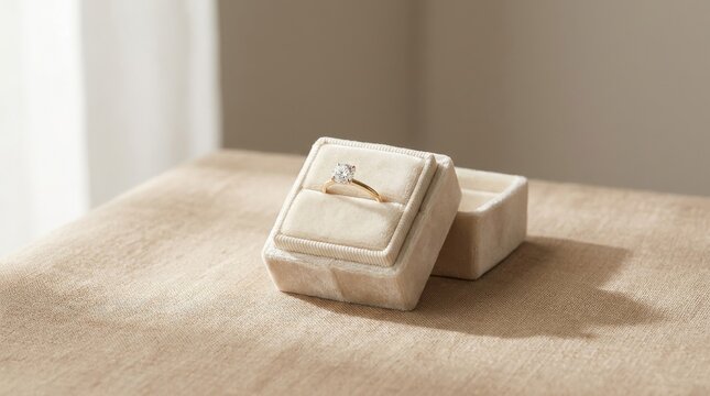 Diamond solitaire ring in velvet jewelry box on table