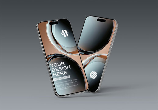 Two Floating Glossy Mobile Phones Isolated on Editable Grey Background Mockup