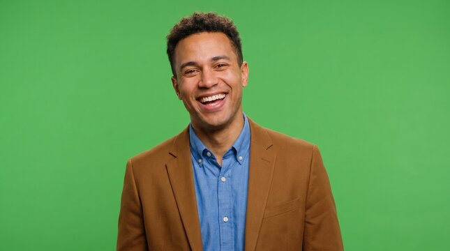 Charismatic man in a brown blazer and blue shirt smiling broadly at camera on green screen background for luxury travel promos hospitality management and executive profile interviews
