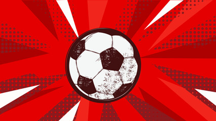 Fototapeta premium Football soccer ball on red comic style background, sport banner template