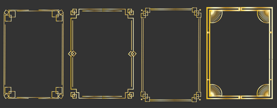 Golden frame set, thin line gold borders in art deco style. Luxury premium vector outline geometric rectangle. Linear decorative banners