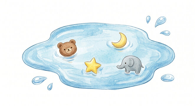 クマ・象・星・月が浮かぶ水たまりと水滴の優しい水彩イラスト 白背景