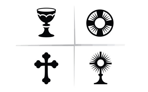 Minimalist religious symbols set with cross chalice monstrance and communion wafer in black and white style