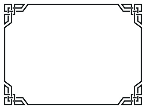 Rectangular black and white vector border frame featuring intricate Celtic knot designs in each corner.