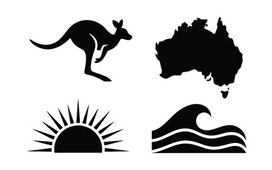 Silhouette vector bundle featuring kangaroo australia map sunrise and ocean waves minimalist design © Sharmistha