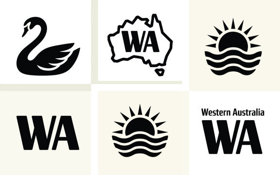 Black and white vintage style western australia logos featuring swan map sunrise and typography designs