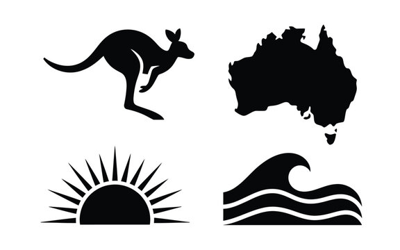 Silhouette vector bundle featuring kangaroo australia map sunrise and ocean waves minimalist design