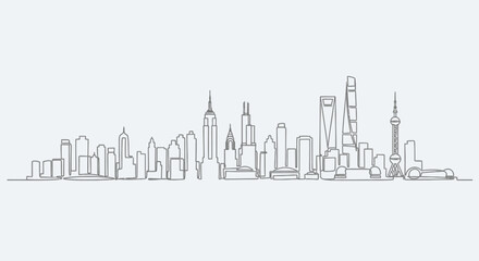 Obraz premium Minimalist Skyline Outline Drawing of Famous City Skyscrapers, Urban Architecture Concept