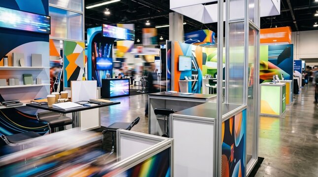 Exhibition booth at trade show industry event. Modern corporate marketing displays and furniture in convention center hall. Professional business networking and technology expo space.