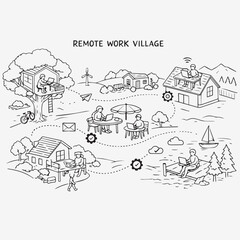 Obraz premium Remote work village concept vector, digital nomad community lifestyle illustration, people working on laptops in nature and treehouse