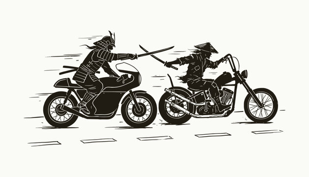 Samurai and warrior on motorcycles in cinematic chase for action storytelling