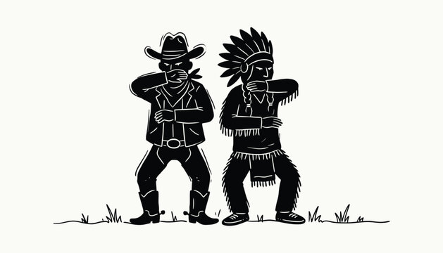 Cowboy and indigenous warrior characters dancing in minimalist line art style