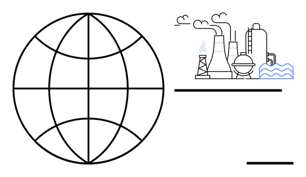 Climate change, industrial impact, pollution, environmental protection, global awareness, energy. Globe outline beside industrial factory elements. Climate change and industrial impact concept
