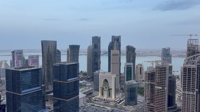  Doha, Qatar - April 23, 2025: Aerial view of Doha Skyline west bay Qatar. popular location with remarkable modern Highrise.
