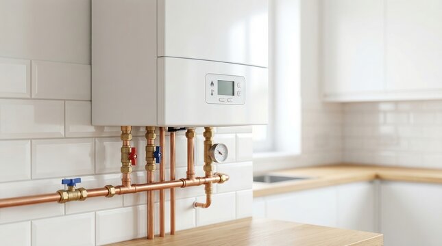Gas boiler mounted on tiled wall in modern kitchen. Heating system with copper pipes and valves. Domestic appliance for hot water supply and home climate control infrastructure.