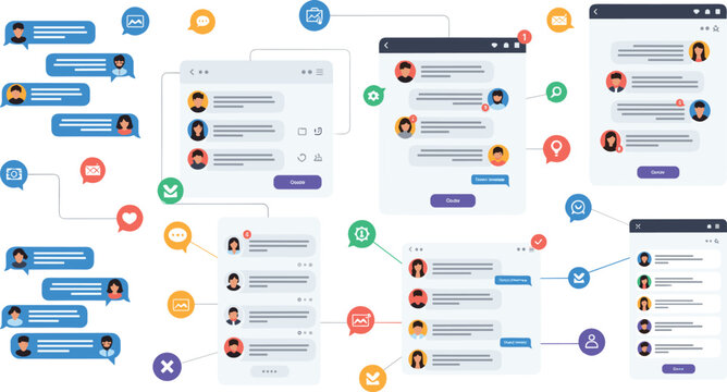 Social Media and Team Collaboration Interface Set with Group Chat Windows, Messaging Threads, User Avatars, Contact Lists, and Multi-Platform Communication UI Design Elements