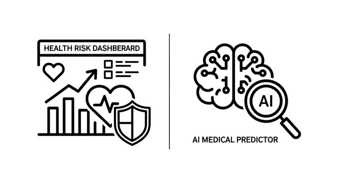 Health risk dashboard and AI medical predictor system icons with dashboard