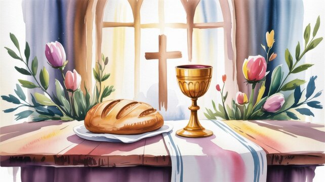 Watercolor Christian sacrament scene with communion cup wheat and rustic bread