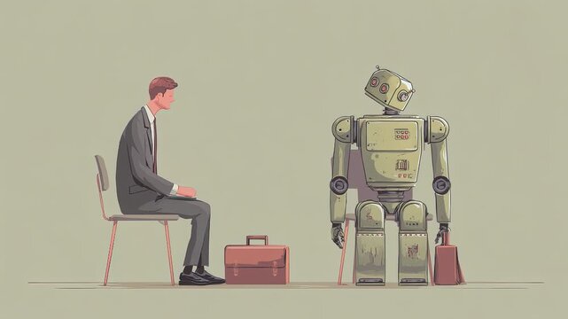 Man and humanoid robot waiting for job interview, corporate hallway, both seated