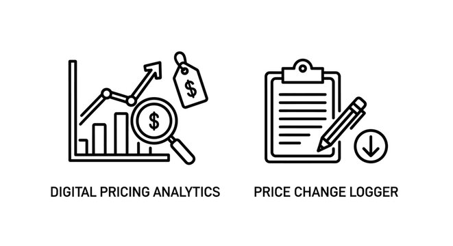 Digital pricing analytics and price change logging system icons with e commerce