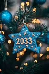 Naklejka premium Festive Star Ornament for 2033 Celebration, Shimmering Globes, and Joyful Bokeh Background Design