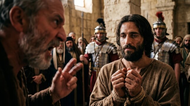 Jesus Christ with bound hands standing before an accusatory man in a biblical setting. Roman soldiers watching the scene during the trial. Dramatic depiction of faith and history.