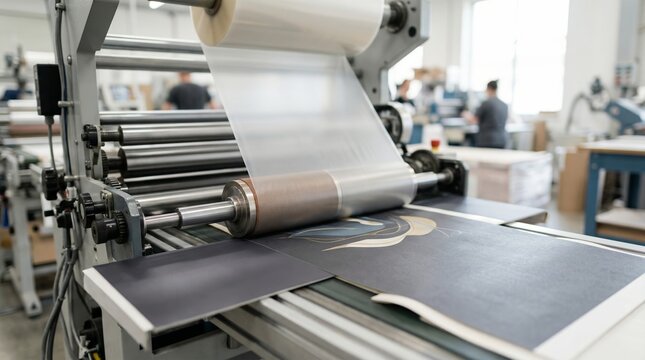 Industrial laminating machine applying plastic film to printed paper sheet at factory. Automated paper lamination process in print shop. Professional commercial printing production line.