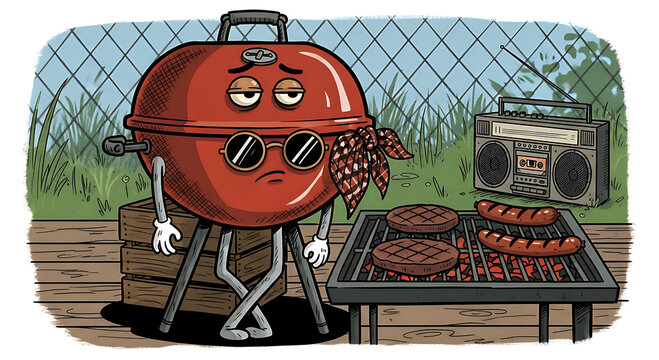 Sad barbecue grill with burgers and sausages cooking on grate looking glum vintage style.
