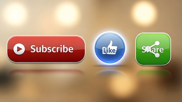 Three colorful glossy social media buttons for subscription and interaction on a digital video platform interface.