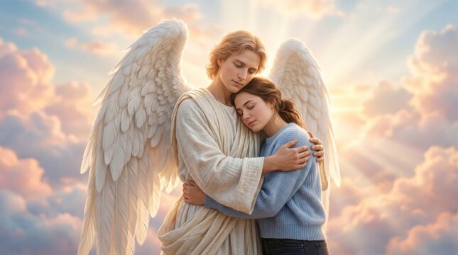 Angel hugging woman in heaven. Guardian protector comforting human with celestial light. Religious spiritual scene representing faith, divine love, and hope in Christian tradition.