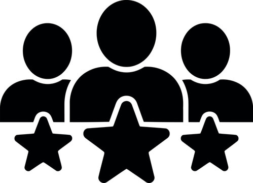 Three black silhouette people icons with star ratings