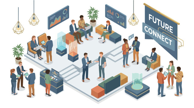 Isometric illustration of business people networking at a professional conference.