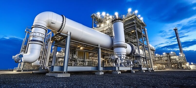 Comprehensive Overview of Natural Gas Plant Equipment and Infrastructure at Dusk with Pipelines